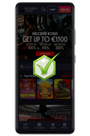 Incognito Casino App opens on a smartphone with the login screen ready to use