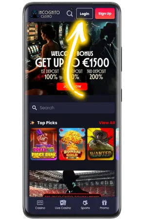 Incognito Casino login button located in the top right corner
