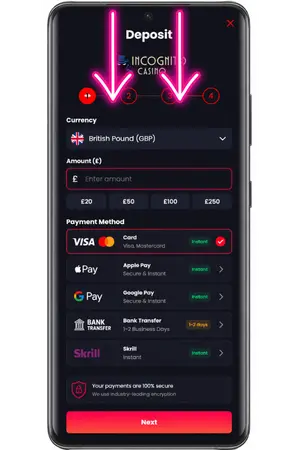 To activate the Incognito Casino bonus, make a deposit