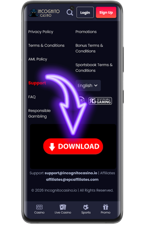 Finger taps the green download button on the Incognito Casino App page