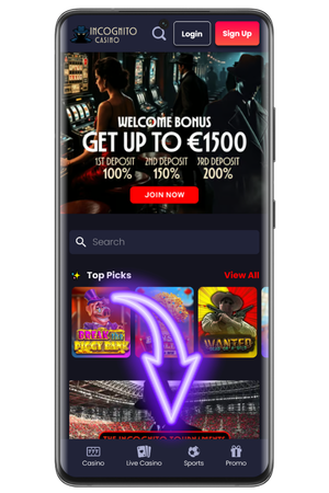 Finger scrolling down the Incognito Casino App homepage with arrows pointing to the download