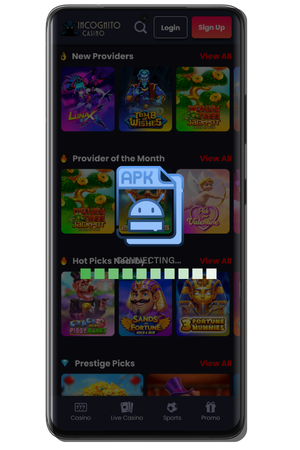 Download progress bar shows the Incognito Casino App APK loading on Android