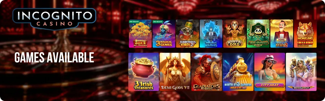 Incognito Casino online games lobby showing slots and live dealer categories