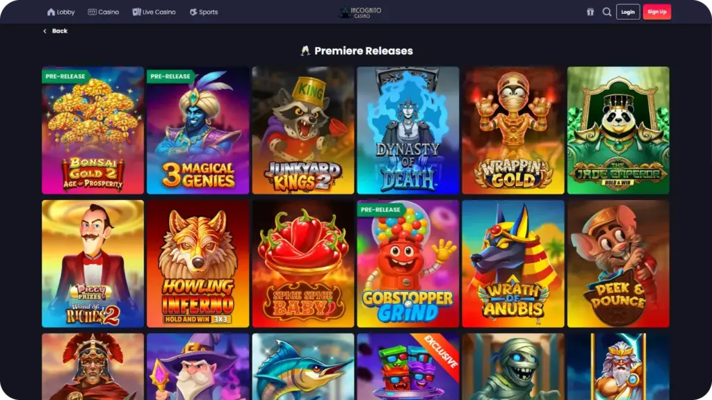 New casino game releases available at Incognito Casino lobby