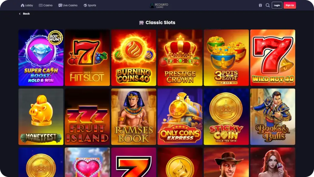 New casino game releases available at Incognito Casino lobby