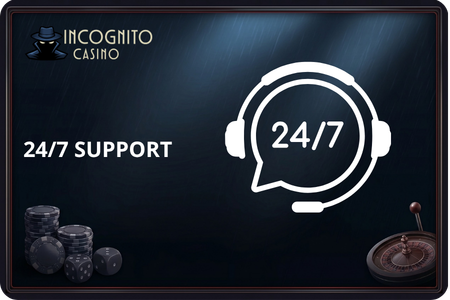 A support agent answers a player query through the live chat window of the Incognito Casino App on a tablet during the night