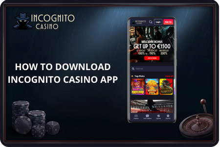A player taps the download button for the Incognito Casino App on a smartphone screen with the official website open in the background